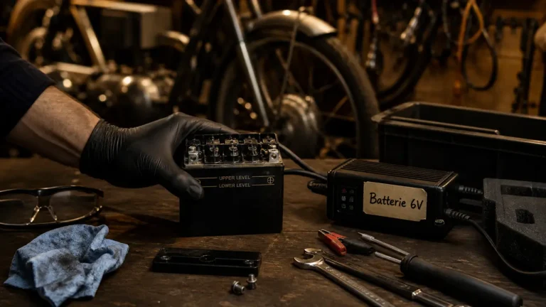 batterie moto 6v ouverte sur établi, chargeur 6V et cadre de moto vintage en arrière-plan