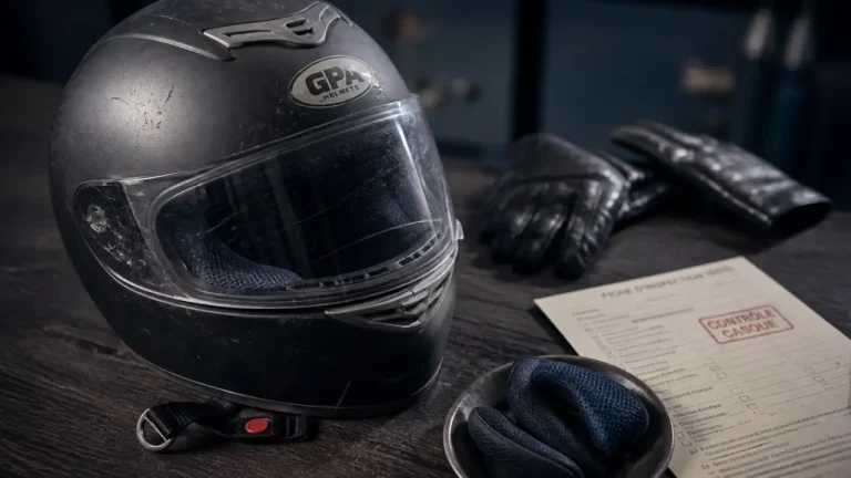 Casque gpa moto ancien, inspection et visière rayée sur table bois
