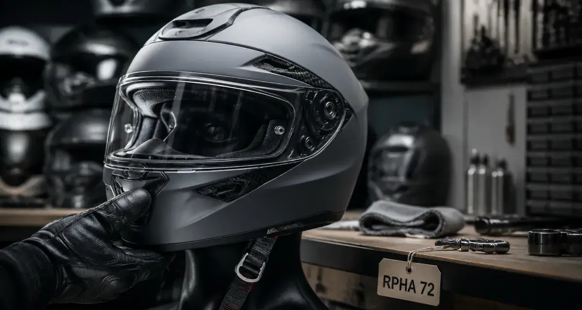 Casque moto HJC gris mat en atelier, ajustement avant achat
