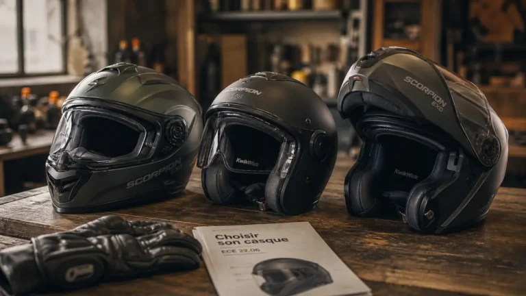 Casque moto Scorpion intégral, jet et modulable, en atelier
