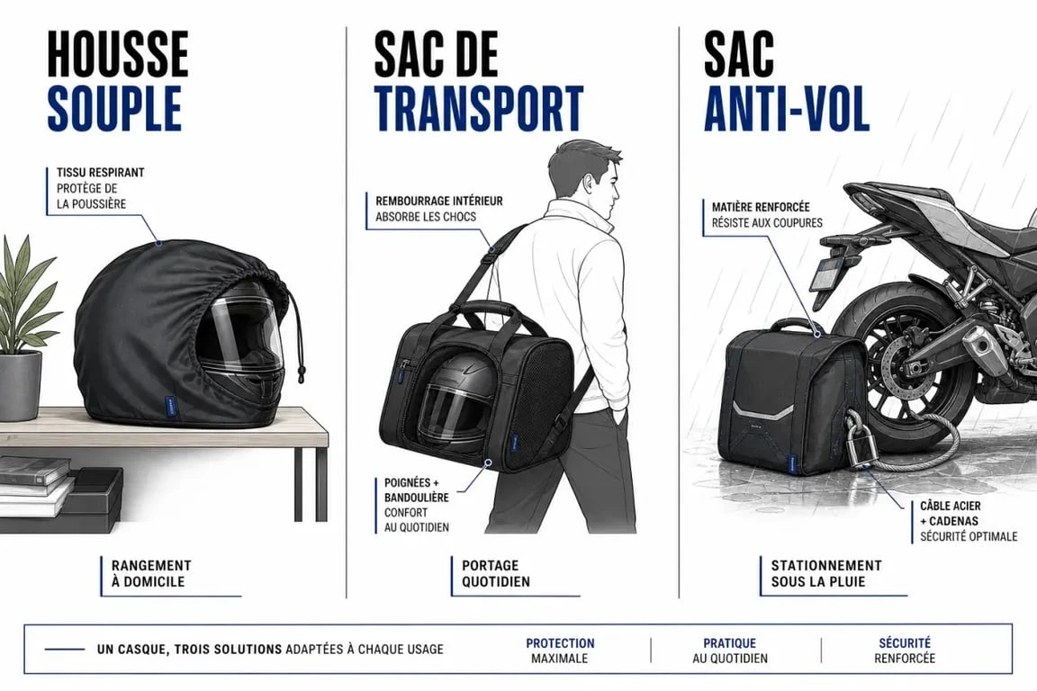 Sac casque moto : comparaison visuelle entre housse, sac de transport et sac anti-vol