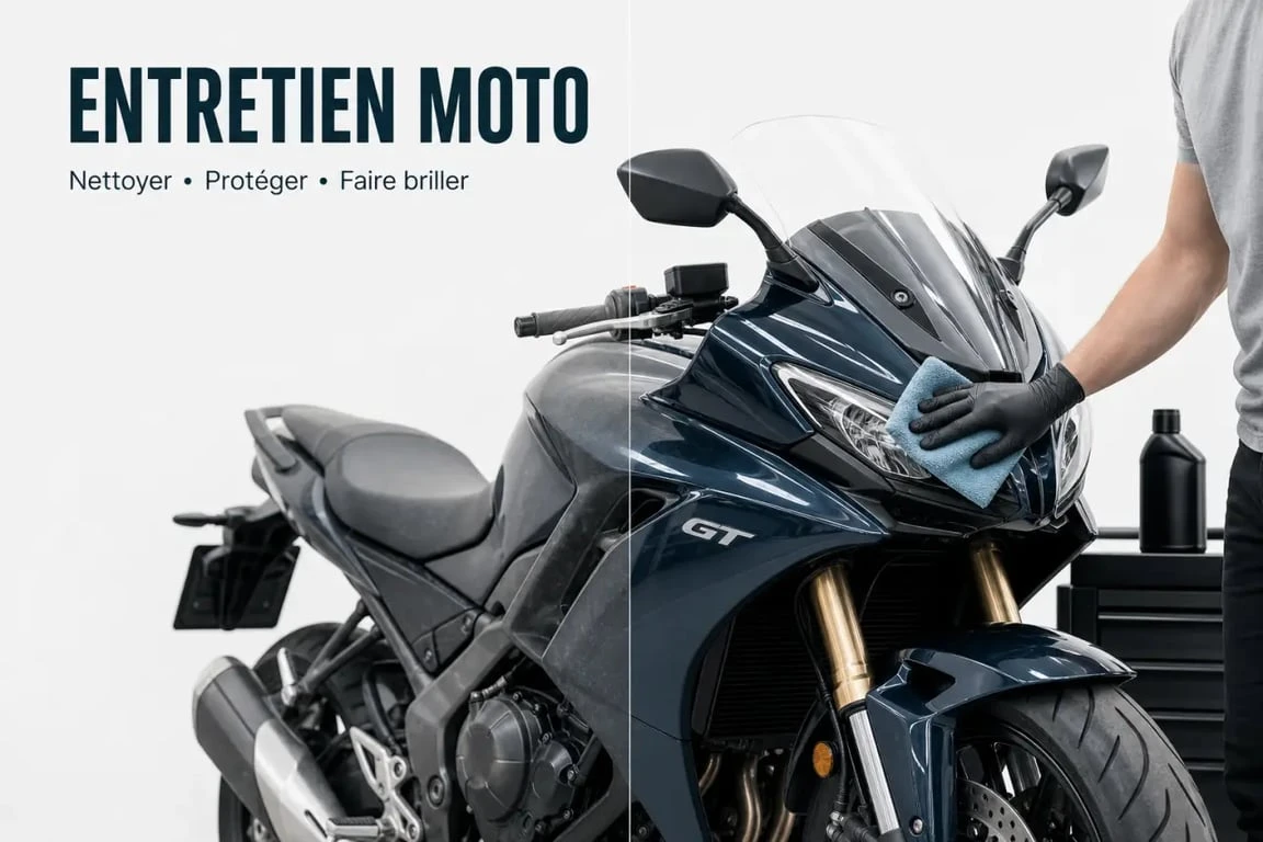 Produit entretien moto illustré sur une moto en cours de nettoyage et de lustrage