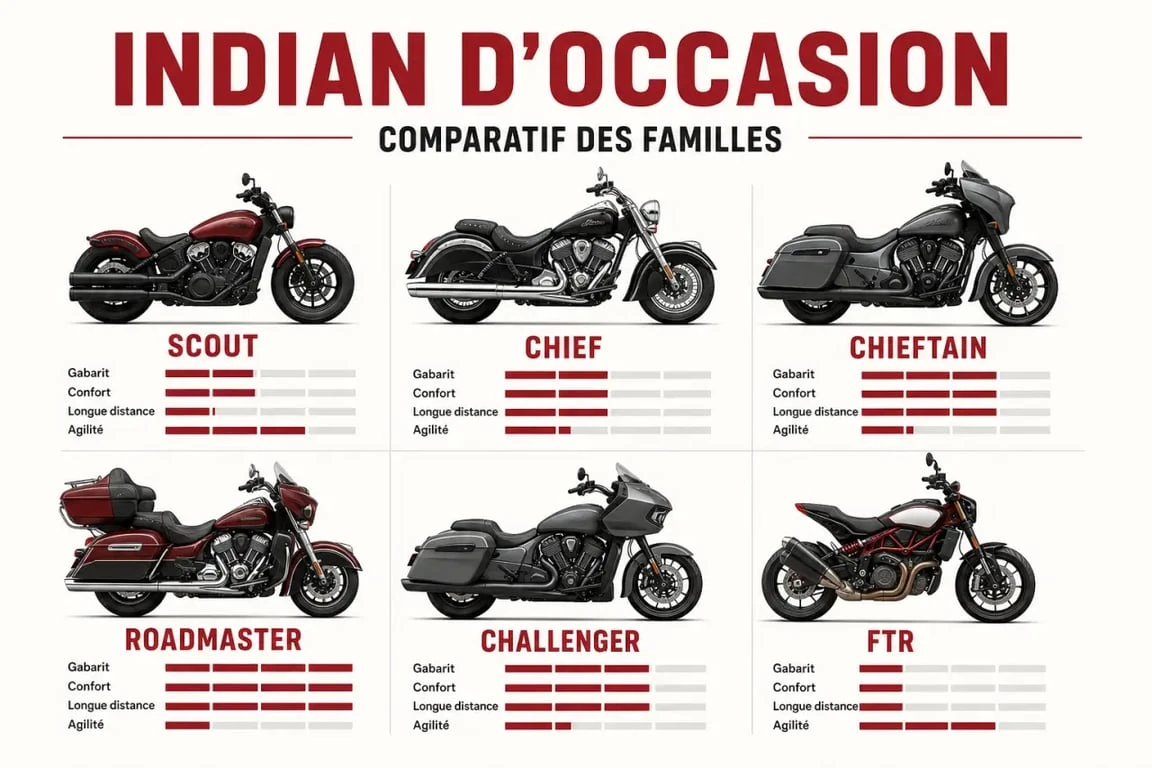 Comparatif des modèles pour une moto Indian occasion : Scout, Chief, Chieftain, Roadmaster, Challenger et FTR