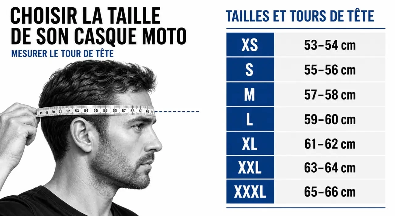 Taille casque moto : mesure du tour de tête et correspondance XS à XXXL