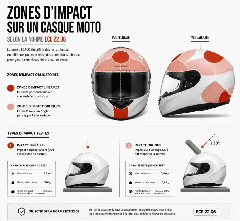 Schéma explicatif des tests d'impacts obliques pour l'homologation casque moto ECE 22.06