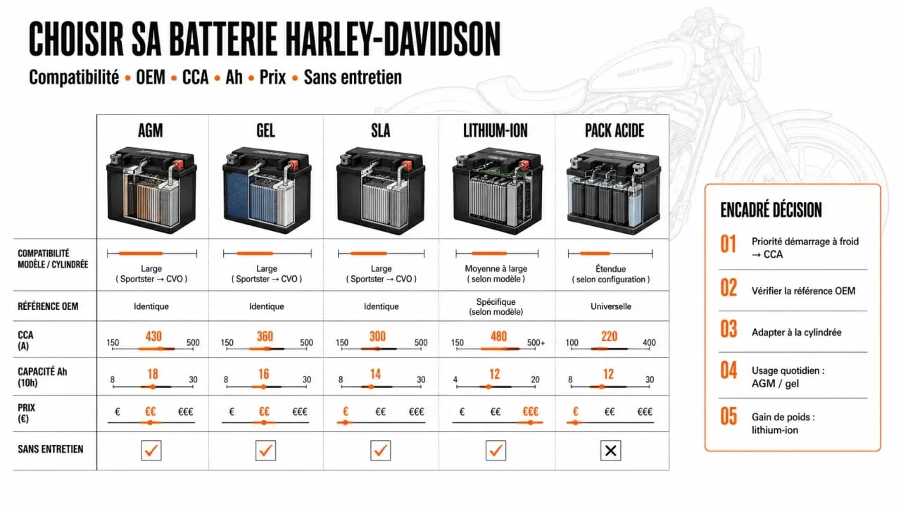 Batterie moto Harley Davidson : comparaison visuelle des technologies et critères de choix