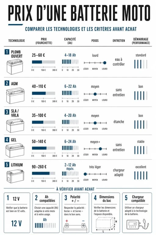 Infographie sur le prix batterie moto selon la technologie, la capacité et les critères de compatibilité