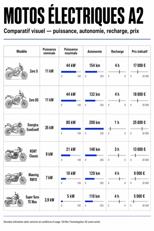 Moto électrique A2 : tableau comparatif éditorial des modèles, autonomie, recharge et prix