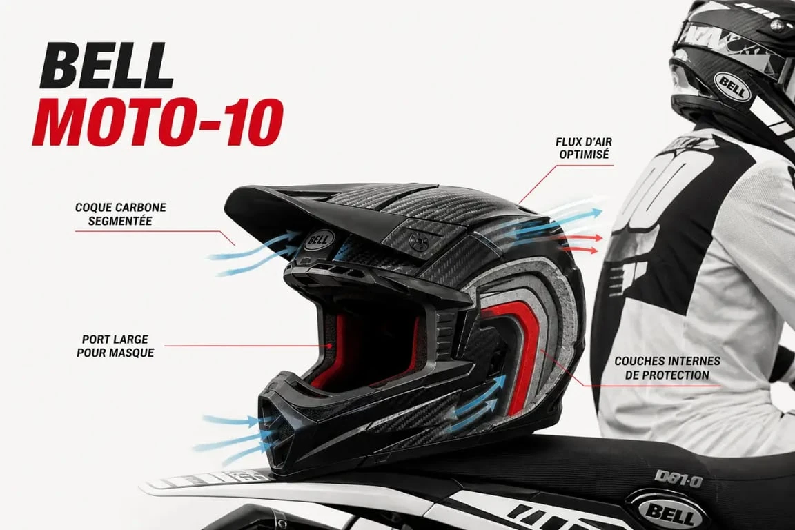 Casque Bell Moto-10 en situation tout-terrain avec focus sur ses technologies de protection