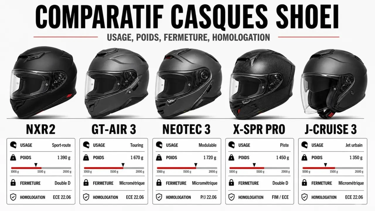 Casque moto Shoei : comparaison visuelle des principaux modèles par usage, poids et homologation