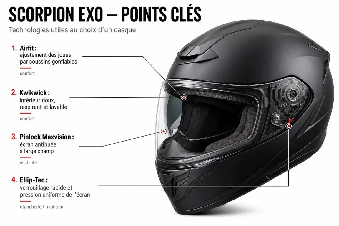 Casque moto Scorpion et technologies Airfit, Kwikwick, Pinlock Maxvision