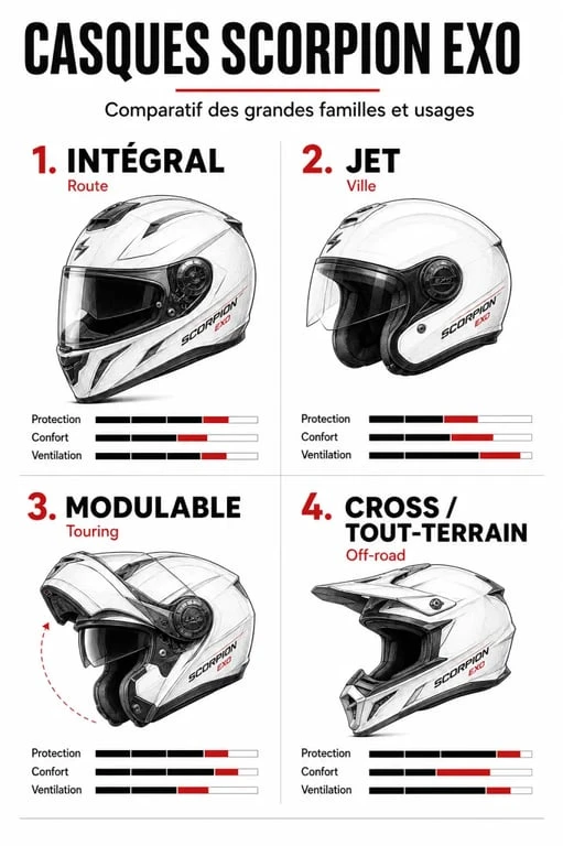 Casque moto Scorpion comparatif des types selon l’usage