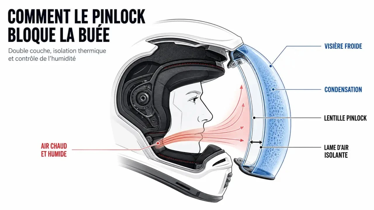 Schéma anti buée casque moto montrant la condensation dans la visière et le principe du Pinlock