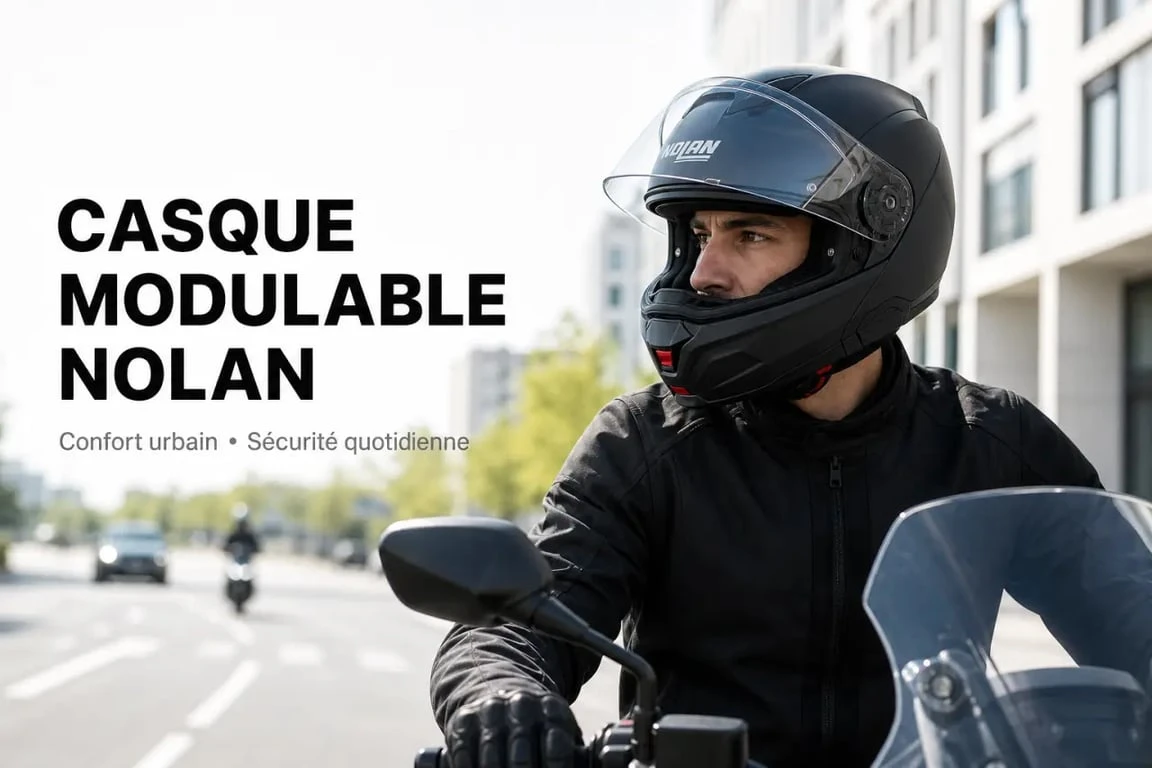 Casque moto Nolan modulable porté en ville, scène éditoriale
