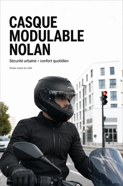 Casque moto Nolan modulable porté en ville, scène éditoriale