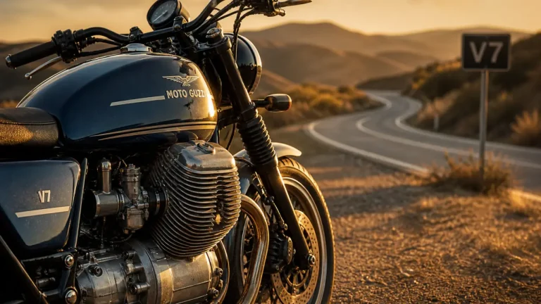 Essai Moto Guzzi V7 au coucher du soleil, détail du bicylindre en V
