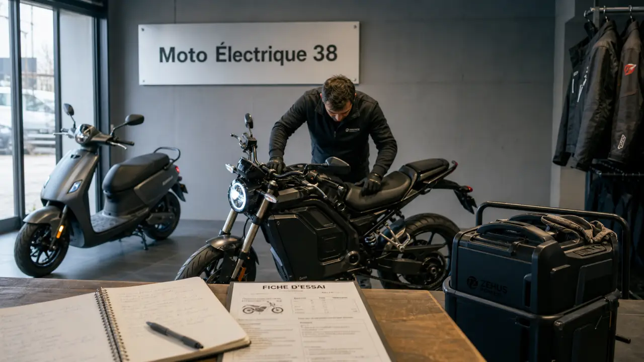 Moto électrique 38 à Grenoble : showroom avec batterie 220V