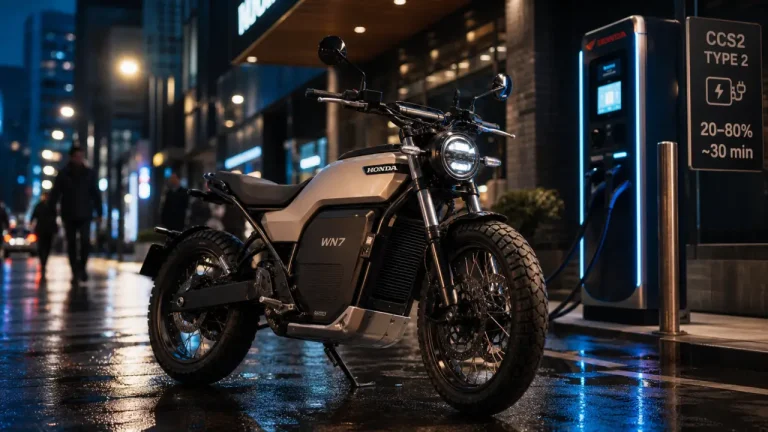 Moto Honda électrique WN7 sur route humide, borne CCS2, charge 30 min ~20–80%.