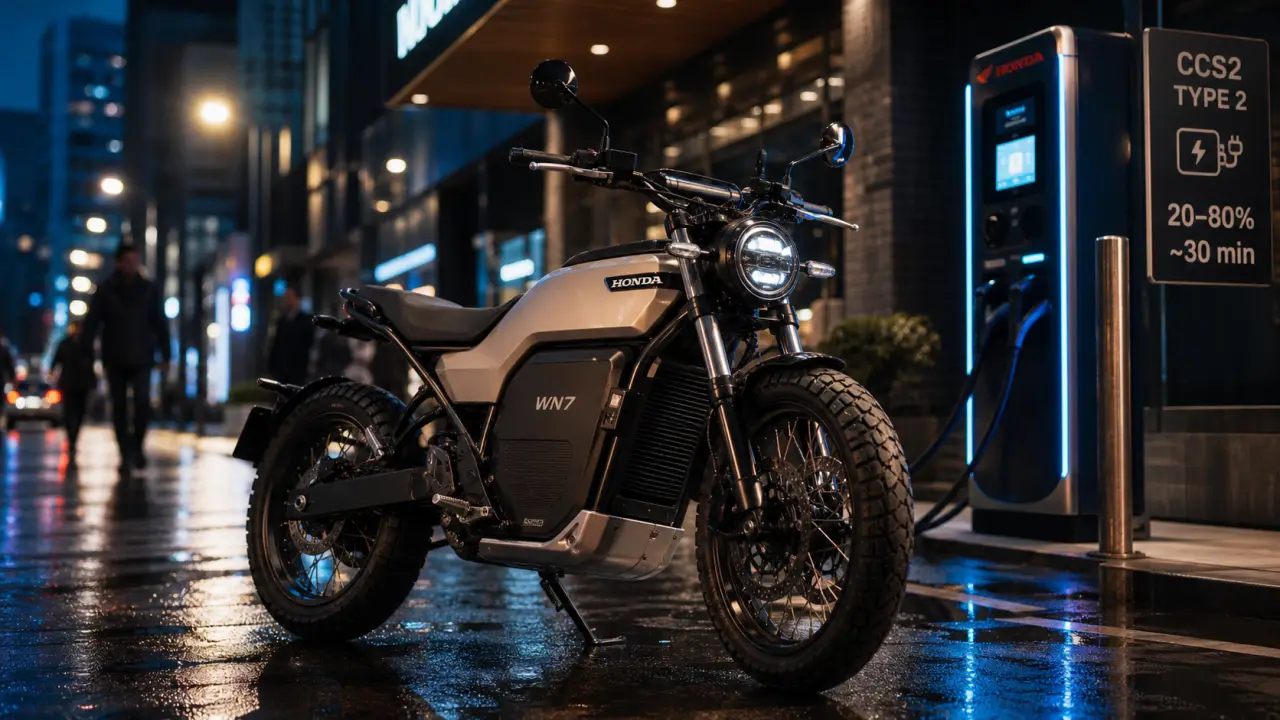 Moto Honda électrique WN7 sur route humide, borne CCS2, charge 30 min ~20–80%.