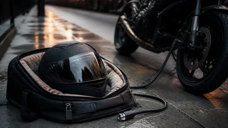 Sac casque moto dans un sac de transport, sécurisé avec câble anti-vol
