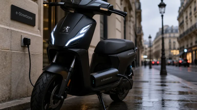 Scooter Peugeot électrique e-Streetzone, batterie amovible visible