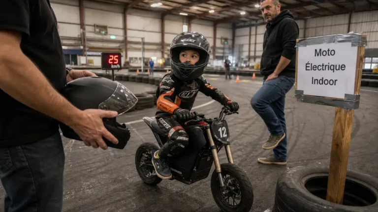 Unitrack moto électrique indoor : enfant et adulte sur piste indoor