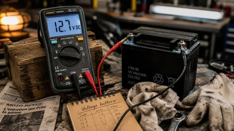 Voltage batterie moto : 12,6 V au repos, 14,5 V moteur tournant (multimètre)