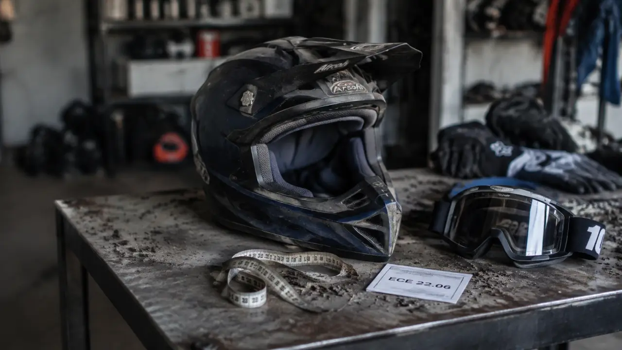 Casque moto cross Airoh en atelier, modèle ouvert et visière relevée