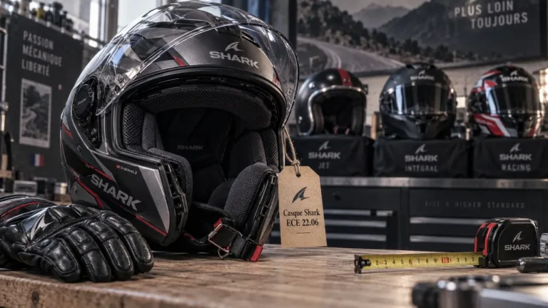 Casque moto Shark sur établi : jet, intégral et racing