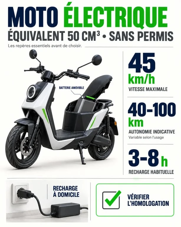 Infographie sur la moto électrique sans permis : vitesse, autonomie et recharge