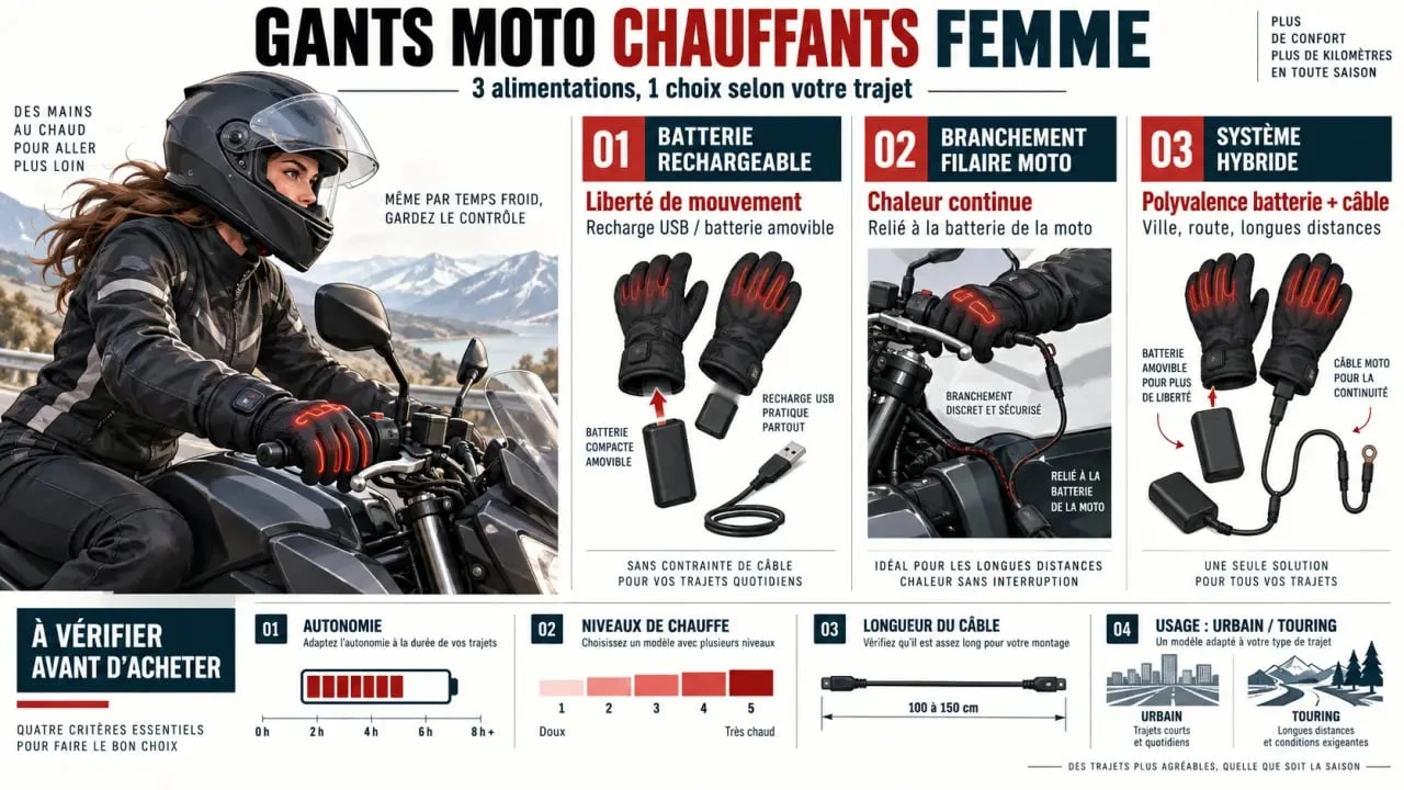 Infographie des alimentations des gants moto chauffants femme : batterie, câble et système hybride