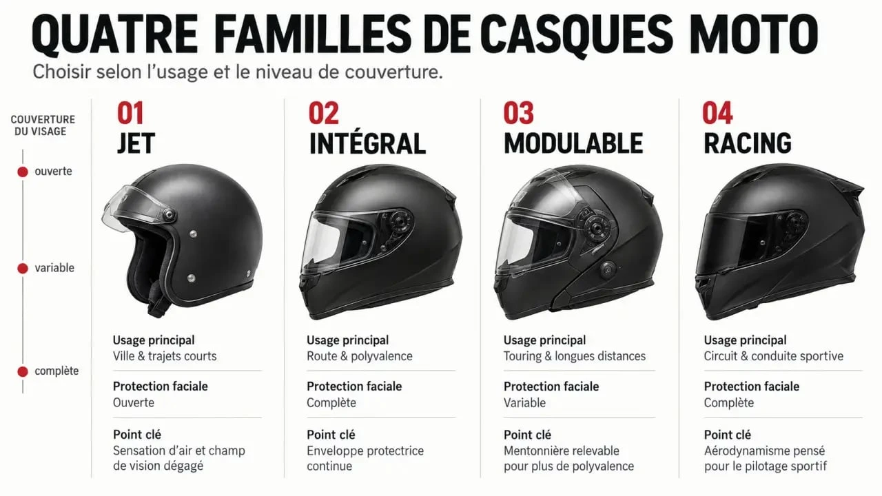 Comparatif casque moto Shark entre modèles jet, intégral, modulable et racing selon les usages