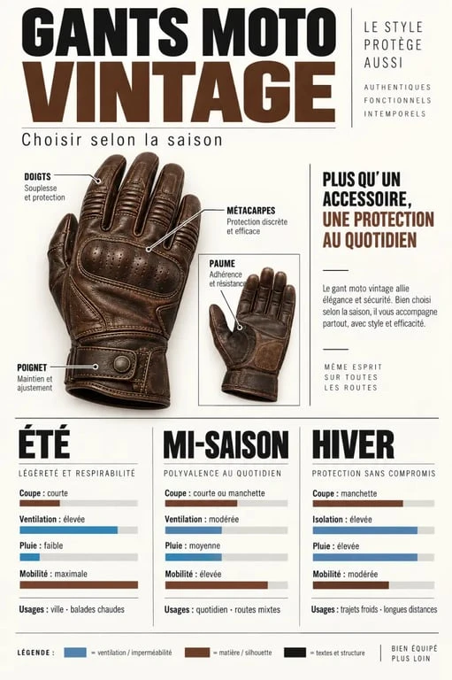 Infographie de comparaison des gants moto vintage selon la saison et les protections
