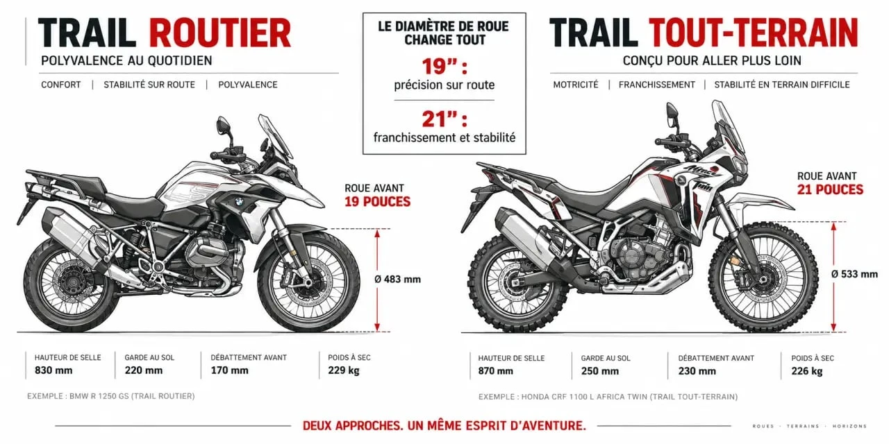 Différence entre moto trail routier et tout-terrain : roue avant 19 pouces vs 21 pouces