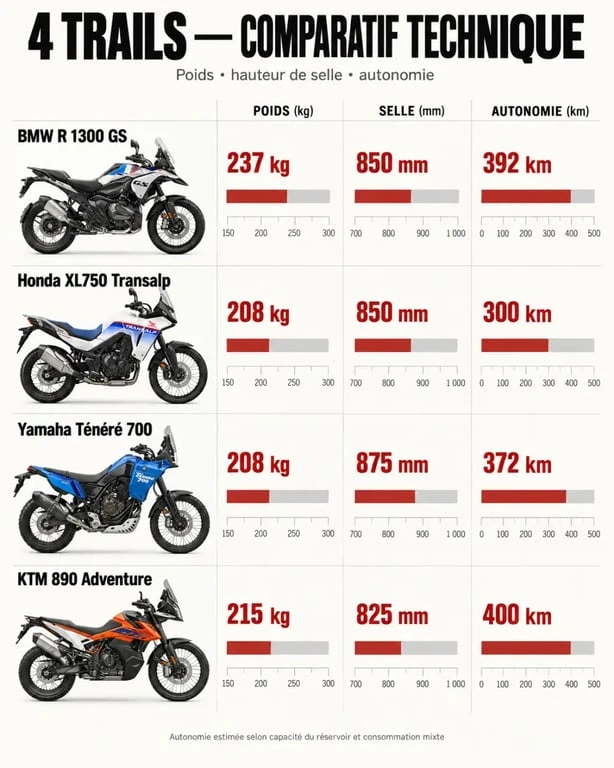 Tableau comparatif des motos trail : poids, hauteur de selle et autonomie pour choisir son modèle