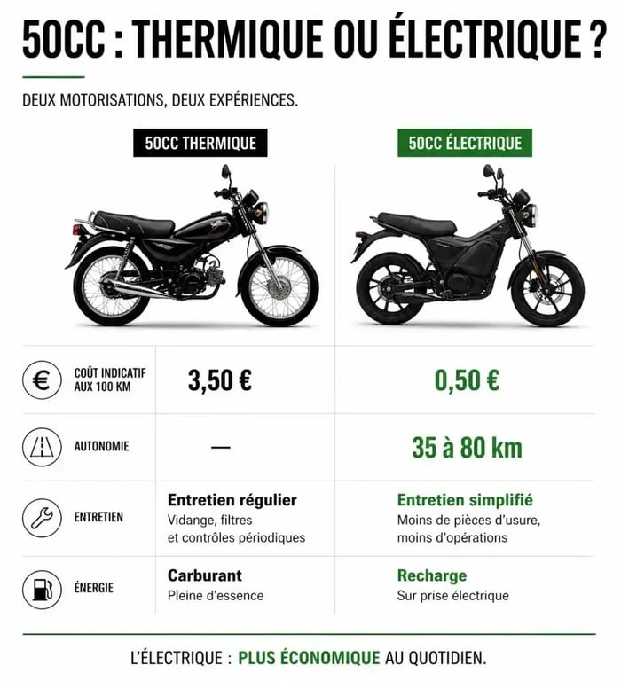 Infographie comparant une moto sans permis 50cc thermique et électrique
