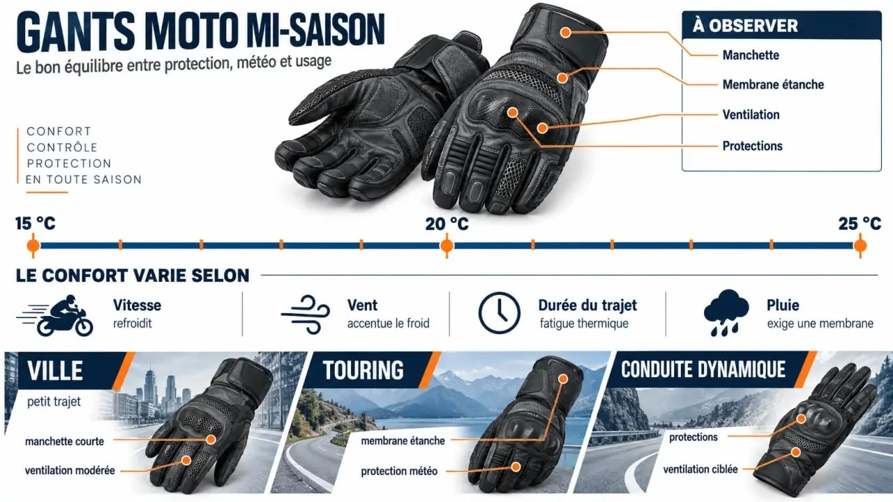 Infographie sur les gants moto mi-saison selon la température et l’usage