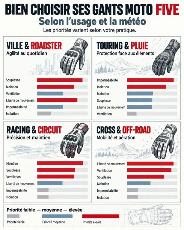 Infographie de choix des gants moto FIVE selon l’usage, la saison et le niveau de protection