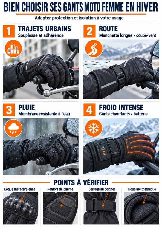Infographie sur les gants moto femme hiver selon le trajet, la chaleur et les protections