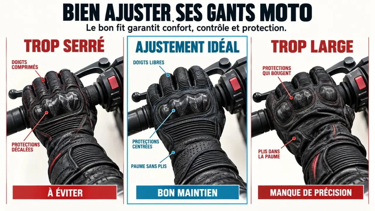Comparaison d'un gant moto trop serré, bien ajusté et trop large