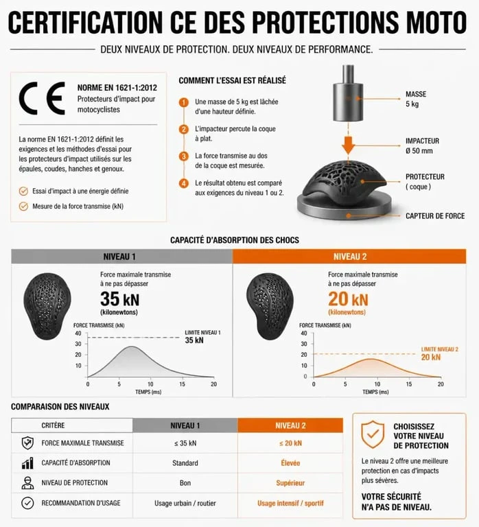 Certifications CE niveau 1 et 2 pour tenue trail moto