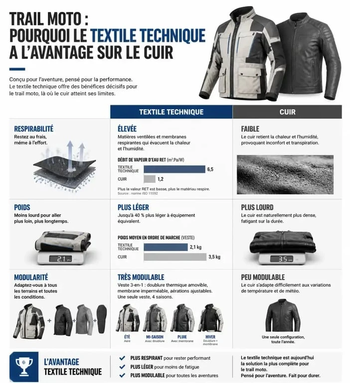 Comparatif textile vs cuir pour une tenue trail moto