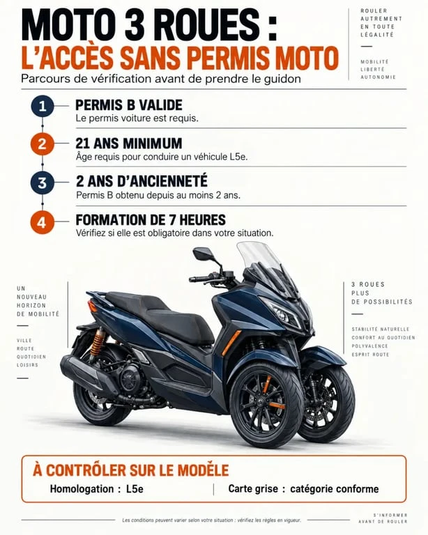 Infographie sur les conditions pour conduire une moto à 3 roues sans permis moto