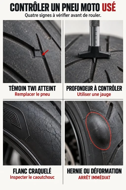 Contrôle d’un pneu usé moto avec témoin d’usure, craquelures et hernie