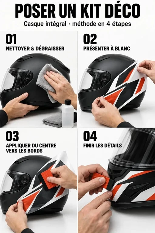 Étapes de pose d'un kit déco casque intégral après nettoyage et préparation de la coque