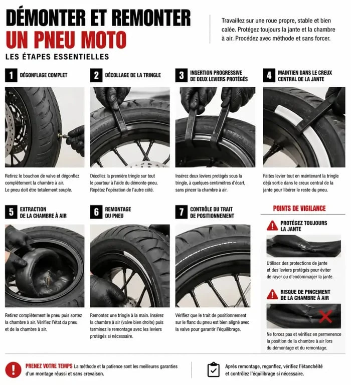 Étapes d'utilisation d'un démonte-pneu moto pour démonter et remonter un pneu