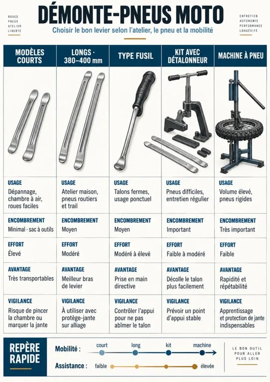 Comparatif des démonte-pneus moto courts, longs, type fusil et machines