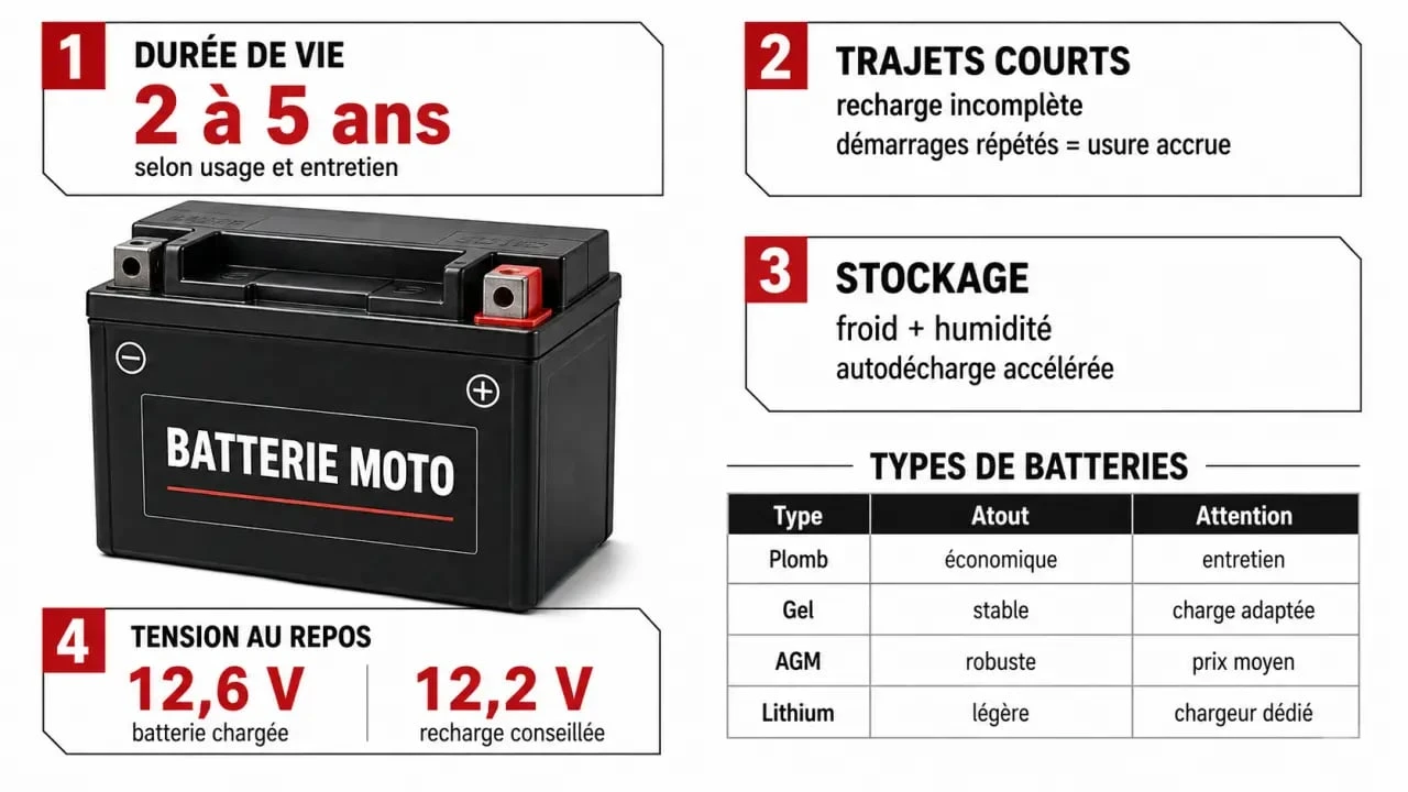 Durée de vie batterie moto : infographie sur les facteurs qui influencent l'usure et les seuils de tension