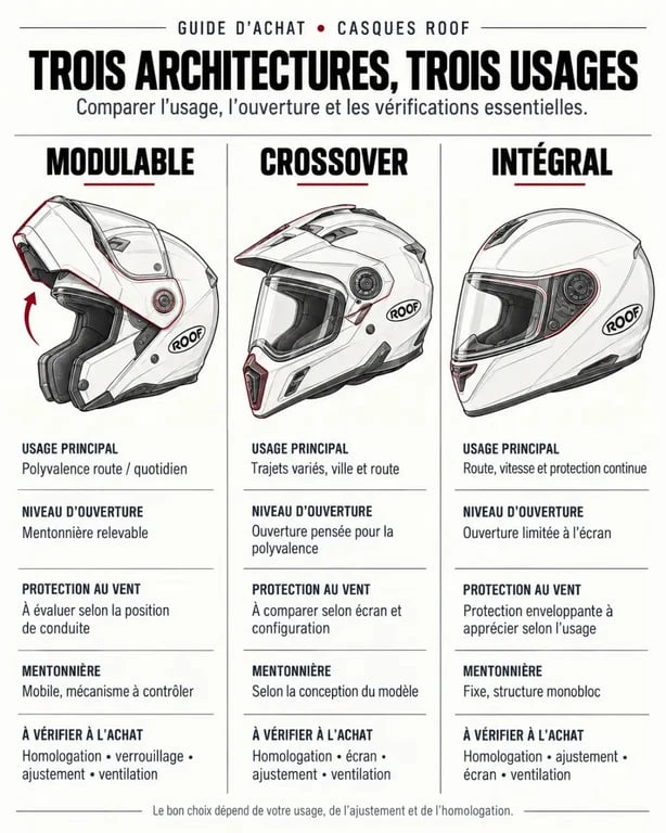 Comparatif visuel des architectures de casque moto Roof modulable, crossover et intégral