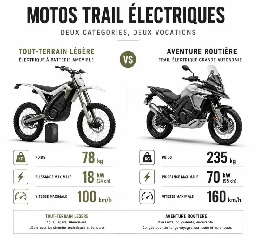 Comparatif moto trail electrique légère et moto d'aventure routière électrique